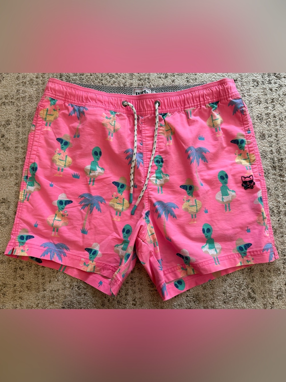 Party Pants Swim Trunks Neon Pink Alien Print Sz L
